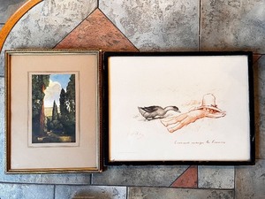 lot 236 image: Pair of Framed Art Prints Landscape and Le canard mange la limace