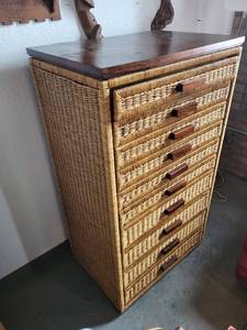 lot 4 image: Mid-Century Italian 10-Drawer Rattan and Bamboo Chest of Drawers 28x20x51 Inches