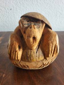 lot 71 image: Hand-Carved Coconut Monkey Bank with Eyeglasses