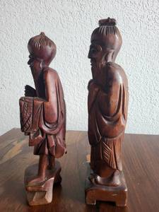 lot 78 image: Pair of Carved Wood Asian Wise Man Figurines 10in Tall