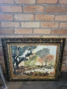 lot 182 image: Framed Landscape Watercolor Painting with Ducks 30x27 Inch