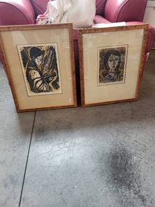 lot 184 image: Pair of Framed Signed Linocut Prints by Amen, 17x22 Inches