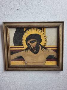 lot 185 image: Framed Religious Artwork and Brass Crucifix Set