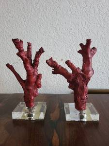 lot 204 image: Pair of Red Coral Decorative Sculptures on Glass Bases