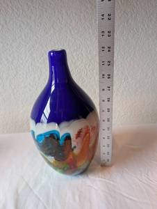 lot 8 image: Hand-Blown Art Glass Vase with Multicolor Swirl Design, 10 Inch