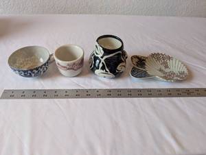lot 22 image: Collection of 4 Assorted Vintage and Art Pottery Bowls, Cups, and Dishes