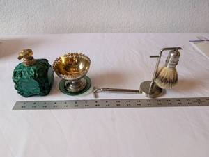 lot 28 image: Vintage Men��s Shaving Set with Green Glass Bottle, Brass Dish, Razor, and Brush