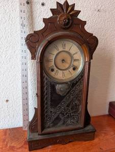 lot 38 image: Antique F.L. Archambault Walnut Mantel Clock with Etched Glass Door