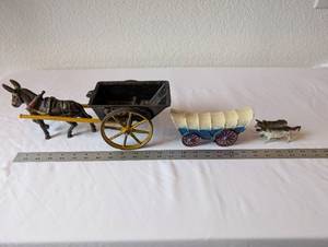 lot 50 image: Vintage Cast Iron Miniature Donkey Cart, Covered Wagon, and Oxen Set