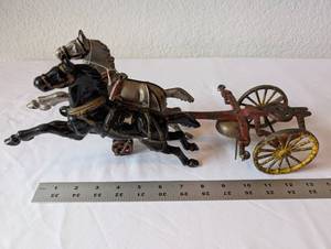 lot 52 image: Vintage Cast Iron Two Horse Drawn Chariot Toy