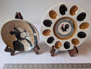 lot 53 image: Set of 2 Vintage Ceramic Dishes - Rooster Deviled Egg Plate and Cartoon Dog Bowl