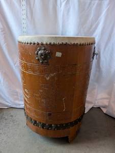 lot 63 image: Large Vintage Wood and Hide Barrel Drum with Carved Figures