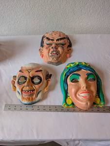 lot 66 image: Set of 3 Vintage Plastic Halloween Masks - Monster, Witch, and Old Man