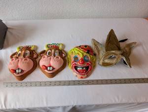 lot 67 image: Set of 4 Vintage Costume Masks Cow Clown Jester Assortment