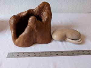 lot 127 image: Wood Carved Burl Planter and Carved Stone Trinket Box Set