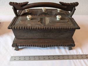 lot 134 image: Antique Wooden Divided Box with Lids and Ornate Handle
