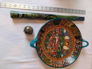 lot 137 image: Decorative Hand-Painted Bowl, Painted Folk Flute, and Mineral Sphere Set