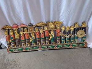 lot 138 image: Balinese Hand-Carved Painted Wood Processional Wall Art Panel