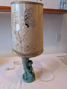 lot 214 image: Vintage Table Lamp with Ceramic Cherub Base and Decorative Butterfly Shade