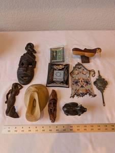 lot 218 image: Collection of Vintage Carvings, Metalware, Expo67 Souvenir, and Beaded Purse