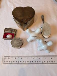 lot 219 image: Collection of Vintage Metal Trinket Boxes, Porcelain Faucet Handles, and Silver Tone Brush