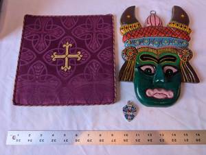 lot 220 image: Group of 3 Sterling Silver Pendant, Embroidered Cloth, and Hand-Painted Mask