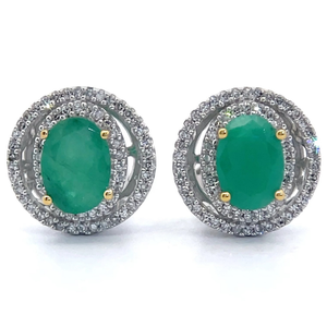 lot 19 image: 0.30 Carat Natural Diamond & Emerald Oval Double Halo Stud Earrings in 14k Gold Retail $2,395 VIDEO