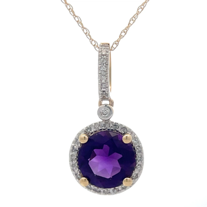 lot 29 image: Natural Amethyst & Diamond Round Halo Drop Pendant Necklace in 14k Gold Retail $1,245 VIDEO