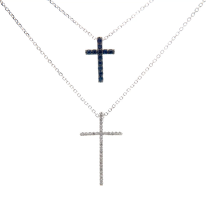 lot 31 image: Natural Diamond & Blue Sapphire Cross Double Layer Necklace in White Gold Retail $1,495 VIDEO