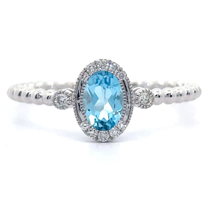 lot 34 image: 0.62 Carat Oval Blue Topaz & Natural Diamond Beaded Band Ring in 14k Gold Retail $1,145 VIDEO