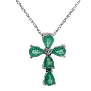 lot 41 image: Natural Emerald & Diamond Cross Pendant Necklace in 14k Gold Retail $945 VIDEO