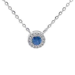 lot 42 image: 0.17 Carat Natural Blue Sapphire & Diamond Halo Necklace in 14k White Gold Retail $995 VIDEO