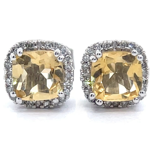 lot 47 image: Citrine & Natural Diamond Halo Cushion Stud Earrings in White Gold Retail $595 VIDEO