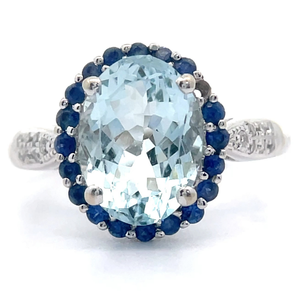 lot 49 image: 2.50 Carat Natural Diamond, Blue Sapphire & Aquamarine Ring in 14k White Gold VIDEO