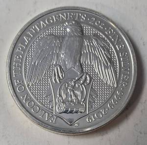 lot 1 image: 2 Oz. 2019 British  �5 Pounds .9999 Fine Silver - Queens Beasts Falcon Of Plantagenets -BU