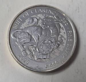 lot 3 image: 2 Oz. 2023 Great Britain  �5 Pounds 2 oz .9999&nbsp Fine Silver BULL OF CLARENCE- King Charles - Airtite Case