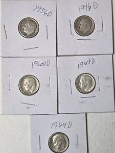 lot 31 image: 5 Silver Dimes (1946D, 1956D, 1960D, 1964D, 1964D)