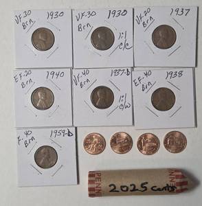 lot 53 image: 7- Brown (Misc. Years) Wheat Pennies from 1930 - 1995 , 1 Roll of 2025 Pennies - Mint, 4 - 2009 Lincoln Pennies - Key Date