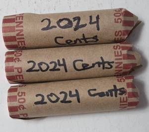 lot 65 image: 3 - Rolls 2024 Pennies - Unc.