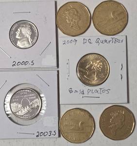 lot 69 image: 4 - Canadian Dollars (Loonies), 2009 DC  Gold Plated Quarter, 2000-S Nickel, 2003-S Missouri State Quarter