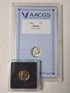 lot 72 image: 1964 Silver Dime in Slab (MS64), 2014 Gold Plated Dime in Airtite Slab
