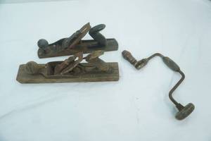 lot 22 image: AntiqueVintage Wood Planes and Hand-Crank Driver
