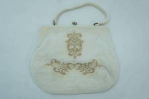lot 32 image: Vintage 1950s Lumured Corde-Beaded Top-Handle Evening Bag wGold Floral Embroidery