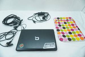 lot 46 image: Belkin VGA Cable, Compaq Presario CQ57 (AS IS), power cord, extra Tv power cord, laptop sleeve case