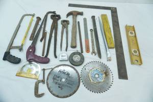 lot 68 image: Hand Tools Lot pry bars, nippers, hack saw, sheetrock knife, file, saw blades, level, measuring square