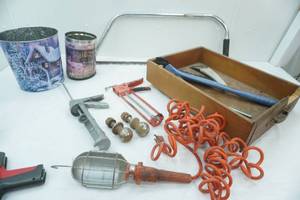 lot 70 image: Treble Light, Bow-Saw, Caulking Guns, Trailer Balls, Ice Scrapers, Tin Buckets