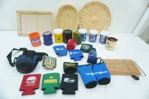 lot 74 image: Wicker Baskets-ServingOrganizing, Cheese Cutting Board, Vintage Poly Coffee Mugs, Collection of Can Koozies-Largemouth Bass Koozie