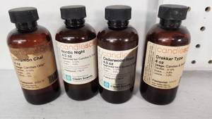 lot 69 image: CandleScience Fragrance Oils Lot Cinnamon Chai, Nordic Night, Cedarwood Blanc, Drakkar Type - 4 oz Bottles All Partial See Final Pic for Levels in Each