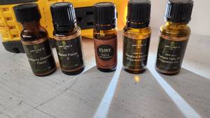 lot 83 image: Natures Oil Fragrance Oils including Strawberry Cheesecake, Bacon, Clove, Fireplace Embers, Canyon Falls PF 12 oz Bottles Misc Levels Remaining