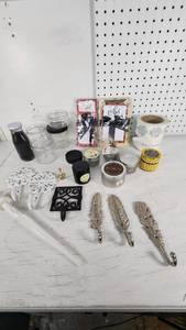 lot 96 image: Lot of Home Decor and Craft Items including Feather Hooks, Candles, and Glass Jars